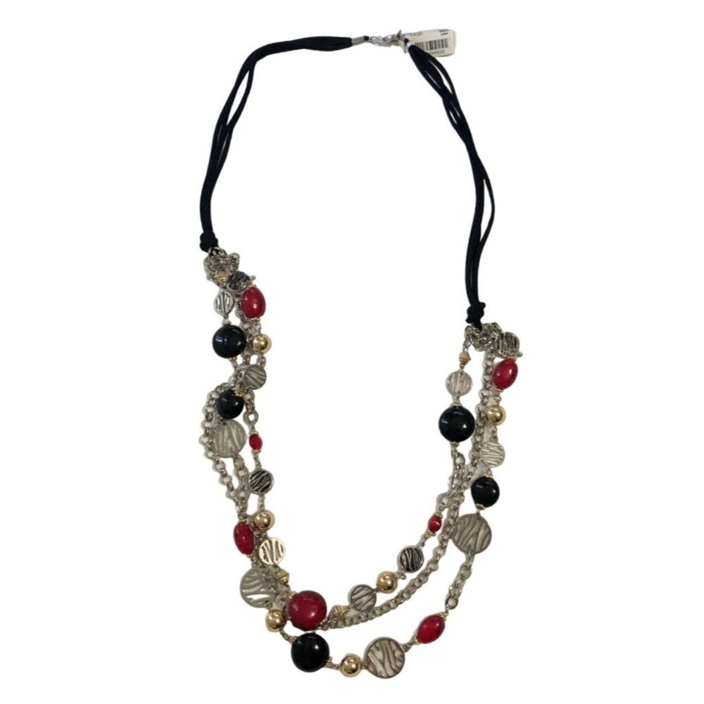 Multi-Strand Mixed Bead Necklace With Silver Black & Red Accents